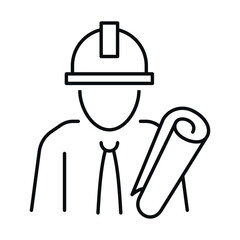Icon of an engineer in a hard hat holding a rolled up blueprint, symbolizing innovation and design in construction or architecture.