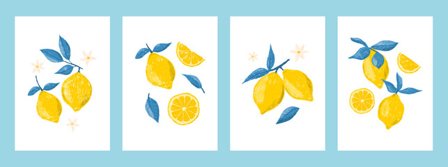 Vector crayon illustration set of lemons, flowers and leaves. Card, invitation or poster. Trendy hand drawn retro design for wall decor, postcard, cover, t shirt, prints