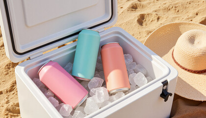 Hard-shell beach cooler with zero-proof drinks on sand, alcohol-free summer hydration concept