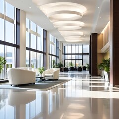 Bright and spacious hotel or office lobby with a blurred perspective, featuring a contemporary reception area and large glass windows.