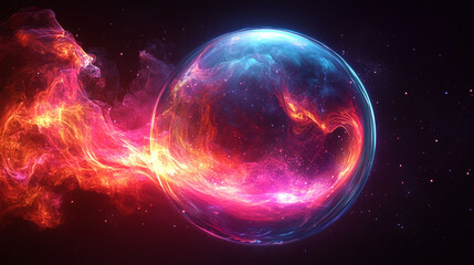 Abstract sphere with swirling energy, vibrant colors, and glowing particles.