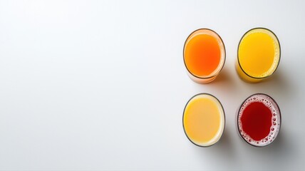 Variety of Fresh Juices in Glasses, Top View fresh variety juice glasses drinks beverages colorful