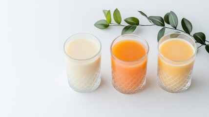 Variety of Healthy Drinks in Glasses with Green Leaf variety drink beverage juice smoothie milk beer