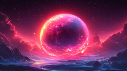 Obraz premium Neon pink glowing sphere planet landscape in the sky with clouds and mountains.