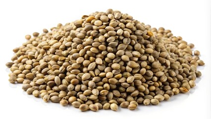 Fototapeta premium A large mound of beige and brown hemp seeds on a white background