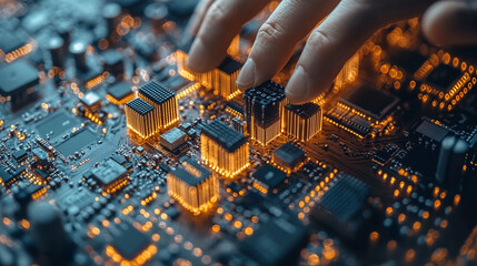 Close-up of hands working on a glowing circuit board with illuminated components.