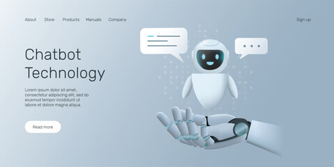 Web banner with Chatbot mascot in robot hand. Personal assistant concept. Machine learning, Neural network, AI landing page concept.