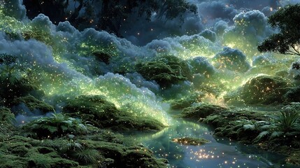 Obraz premium Enchanted Nightscape with Glowing Forest and Floating Islands - Hyper-Realistic Fantasy Oil Painting in Cinematic Lighting with Mystical Atmosphere