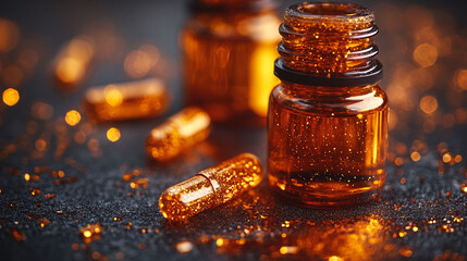 Amber glass bottles with golden capsules on dark textured surface. Sparkling golden highlights.
