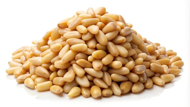 A big pile of fresh and nutritious pine nuts on a white surface