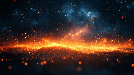 Abstract cosmic landscape with fiery horizon.
