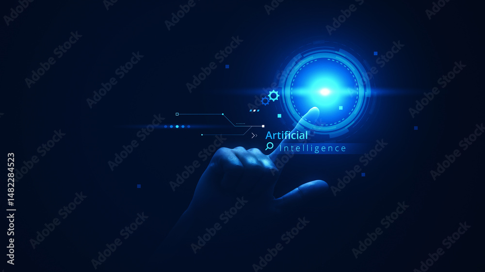 Poster ai artificial intelligence technology with digital touch data chip and computer innovation.