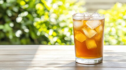 Refreshing Iced Tea with Ice on Wooden Table Outdoors refreshing ice outdoors tea iced tea drink cup