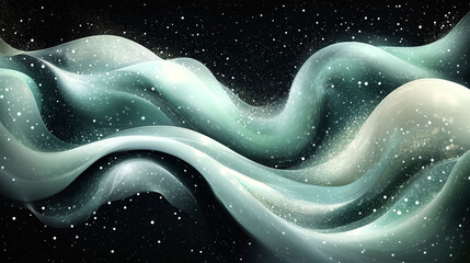Abstract swirling ethereal fabric design with shimmering particles against a dark starry background.