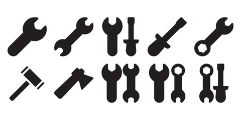 Set of vector tool icons including axe, screwdriver, spanner, and hammer. Perfect for construction, repair, handyman services, workshop, and industrial design themes.