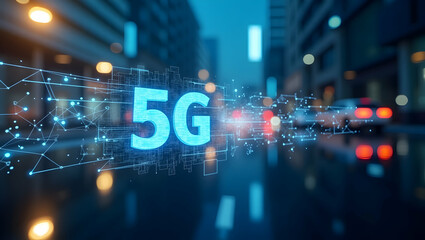 Fototapeta premium Elegant Modern Photo of Dynamic 5G Data Transfer in High-Speed Wireless Networks: Futuristic Urban Design with Advanced Technology Integration and Space for Text