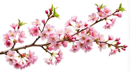 Beautiful blooming pink cherry blossom branch isolated on a white background