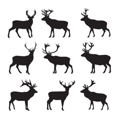 Vector silhouette set of reindeer on white background 