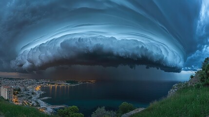 Sheets of rain shimmer down under dramatic storm clouds in a dark sky