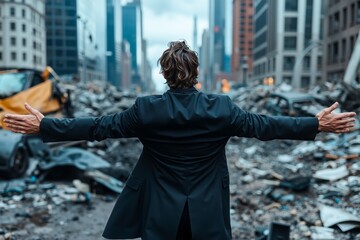 A man in a black suit standing in the middle of a city with his arms outstretched