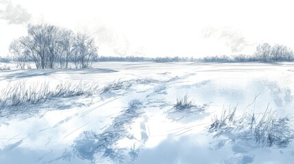 A wintry landscape drawing in muted tones.