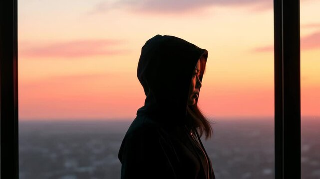 Contemplative stranger observing vibrant sunset from urban highrise window