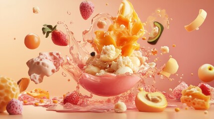 Fruit dessert explosion with milk splash for energetic fun dynamic food advertisement dessert sweets scene
