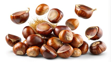 Obraz premium A Pile of Fresh and Delicious Chestnuts Isolated on White Background