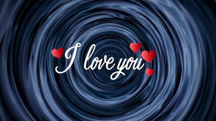 Romantic love message with swirling dark blue background and red hearts surrounding I love you text, dreamy affectionate visual expressing passion and emotion