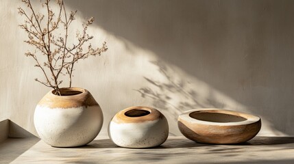 Clay vases with dry branches in light shadows for interior natural handmade minimalist aesthetic pottery decor scene
