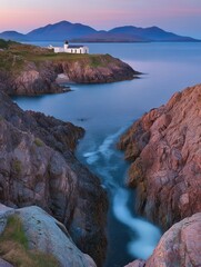 Serene Coastal Chapel Sunset Dramatic Rocks Ocean View sea sky calm blue pink water image photo