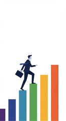 Businessman climbing colorful bar chart steps symbolizing career growth and success  