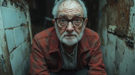 Fototapeta premium An old man with glasses and a beard sitting in a doorway