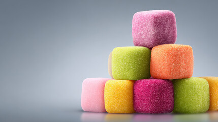 Colorful sugar cubes stacked creatively against a simple gray background.