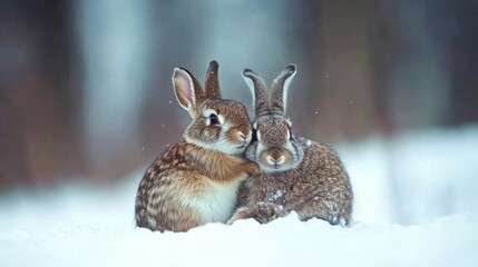 Obraz premium Two rabbits cuddling in snowy forest