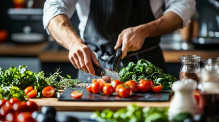 Chef preparing vegetables in modern kitchen with hands and fresh ingredients for cooking food nutrition scene