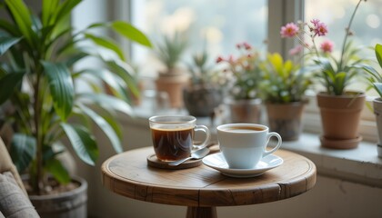Tea, coffee milk on small wooden table near potted plants