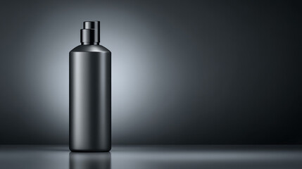 Elegant black bottle on a reflective surface against a dark background.