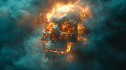Fiery skull engulfed in smoke and flames.