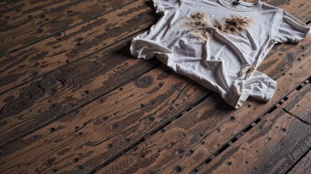 White t-shirt stained and lying on worn wooden floor, concept of mess, imperfection, and everyday accidents in relatable domestic scene with raw texture and natural light
