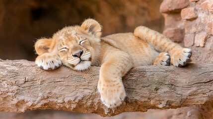 Sleeping Lion Cub on Log