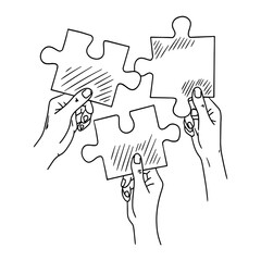 Vector hands holding jigsaw puzzle pieces. Business hands holding up jigsaw puzzle pieces as solution to problem. Teamwork sketch