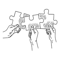 Vector hands holding jigsaw puzzle pieces. Business hands holding up jigsaw puzzle pieces as solution to problem. Teamwork sketch