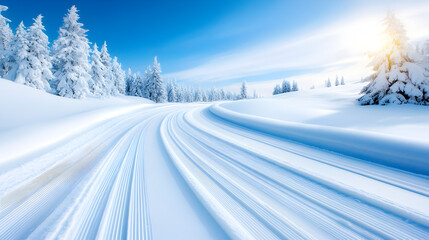 Ski Trail. Groomed Cross-Country Ski Trail on Snowy Mountain Road in Winter