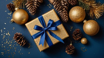 Gold Christmas gift with blue ribbon flat lay on festive blue background