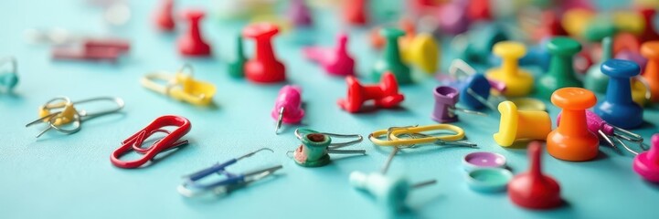 Fototapeta premium Colorful office supplies collection Thumbtacks, push pins, paperclips , tools, isolated