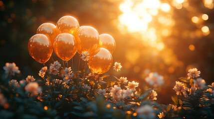 Golden balloons floating amidst flowers in a sunlit garden.