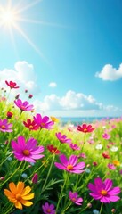 Obraz premium Cosmos flowers carpet a meadow, bathed in sunlight against a clear blue sky , landscape, outdoor