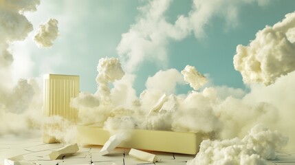 Cozy room with clouds and pillows for dream surreal bedroom aesthetic sleep comfort imaginative calm scene