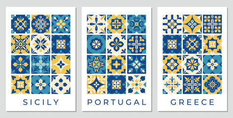Mediterranean geometric tiles posters. Mediterranean pattern, background, cover, flyer. Italian, Portuguese, Greek traditional style. Blue and yellow abstract mosaic. Damask. Interior design. Vector.